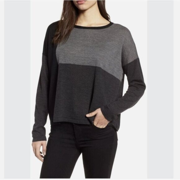 Eileen Fisher Boxy Color Block Sweater in Gray - XS - Picture 1 of 8